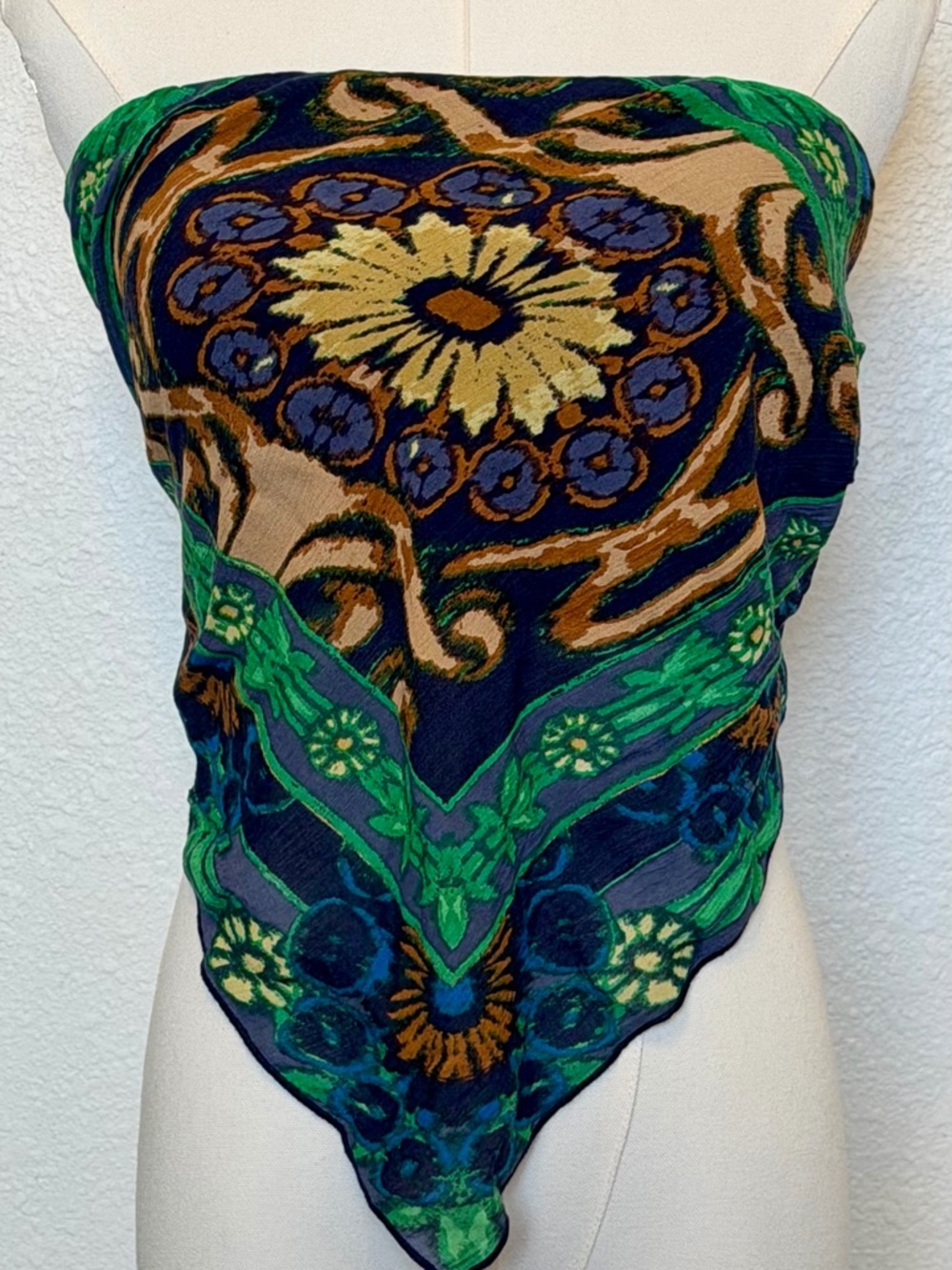 Free People One- Floral Medallion Scarf Top - Navy Green Tan